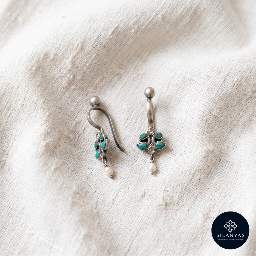 Turquoise Bloom Kundan 925 Sterling Silver Non-Piercing Bugadi Earrings - Heritage Kundan Bugadi Collection