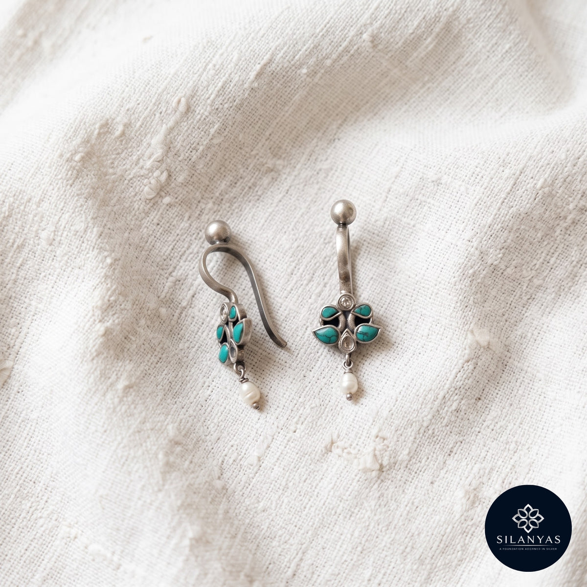 Turquoise Bloom Kundan 925 Sterling Silver Non-Piercing Bugadi Earrings - Heritage Kundan Bugadi Collection