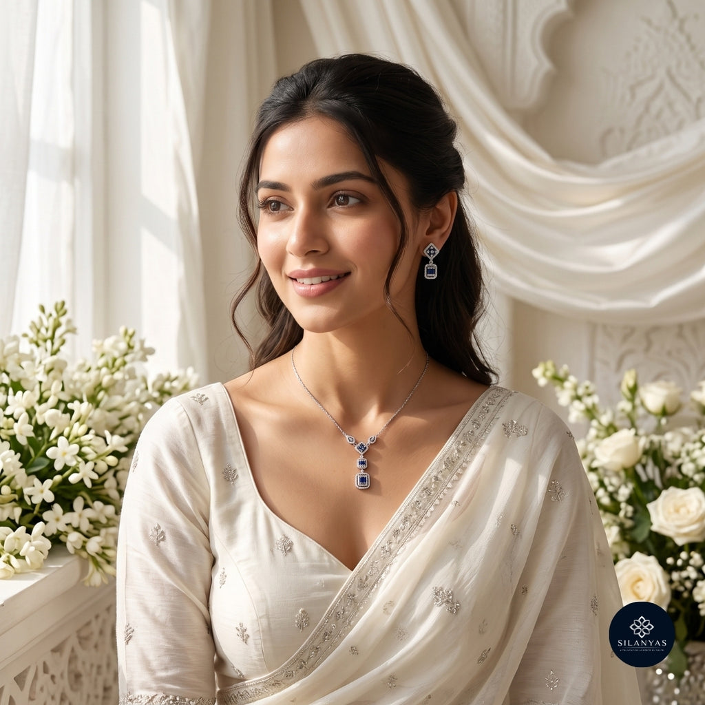 Sapphire Geometry CZ Necklace Set 925 Sterling Silver - Ratna Aabha Collection