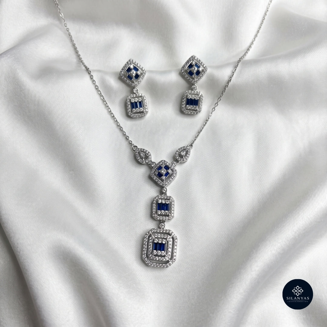 Sapphire Geometry CZ Necklace Set 925 Sterling Silver - Ratna Aabha Collection