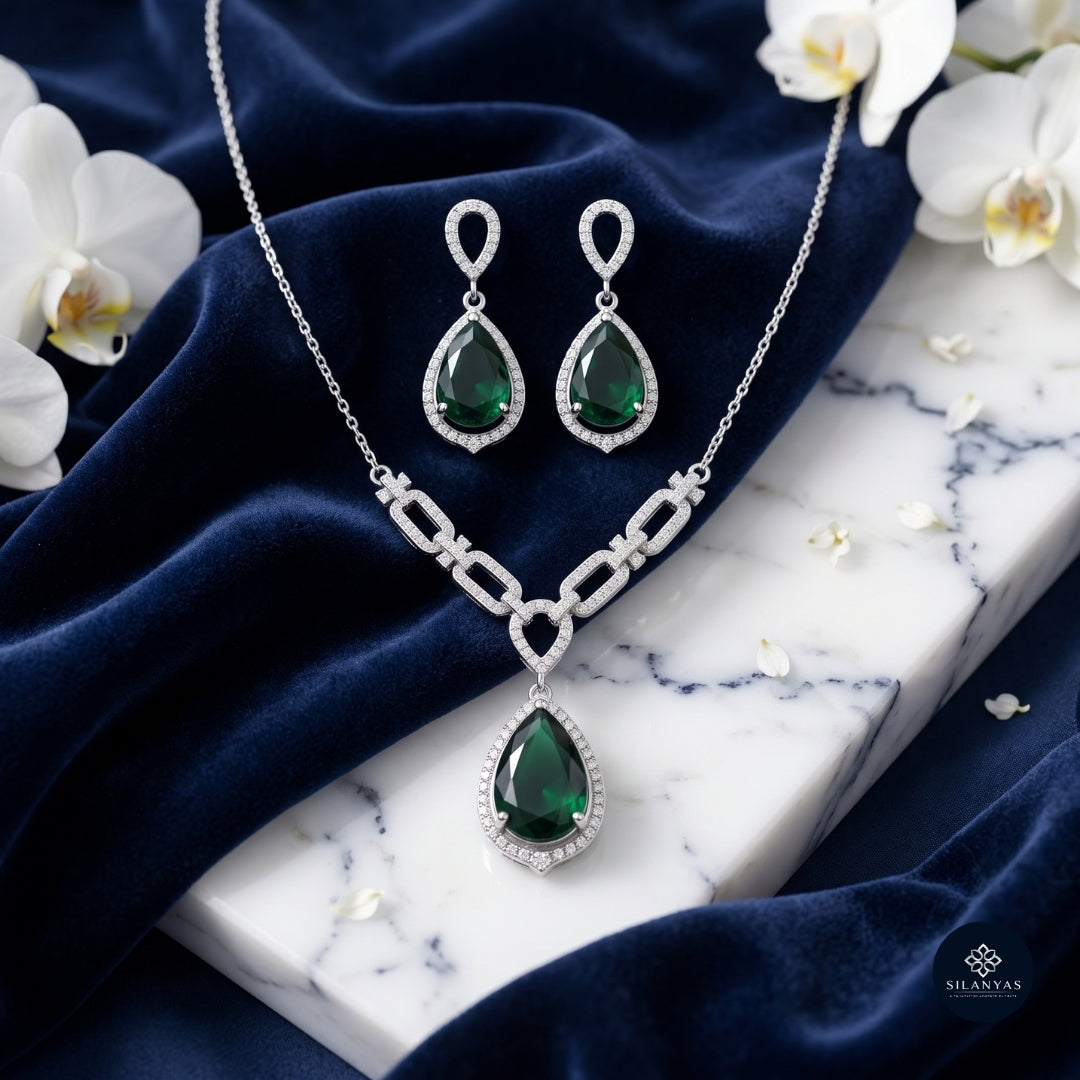 Emerald Grace Teardrop Necklace Set 925 Sterling Silver - Ratna Aabha Colection