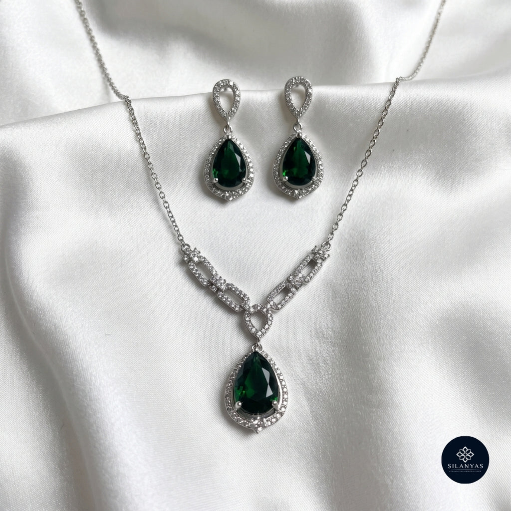 Emerald Grace Teardrop Necklace Set 925 Sterling Silver - Ratna Aabha Colection