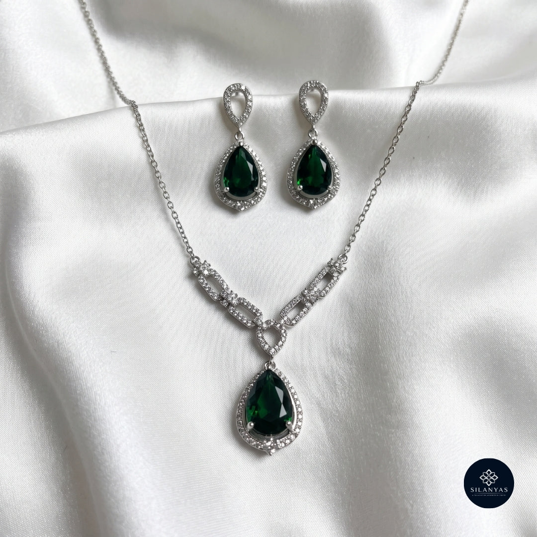 Emerald Grace Teardrop Necklace Set 925 Sterling Silver - Ratna Aabha Colection
