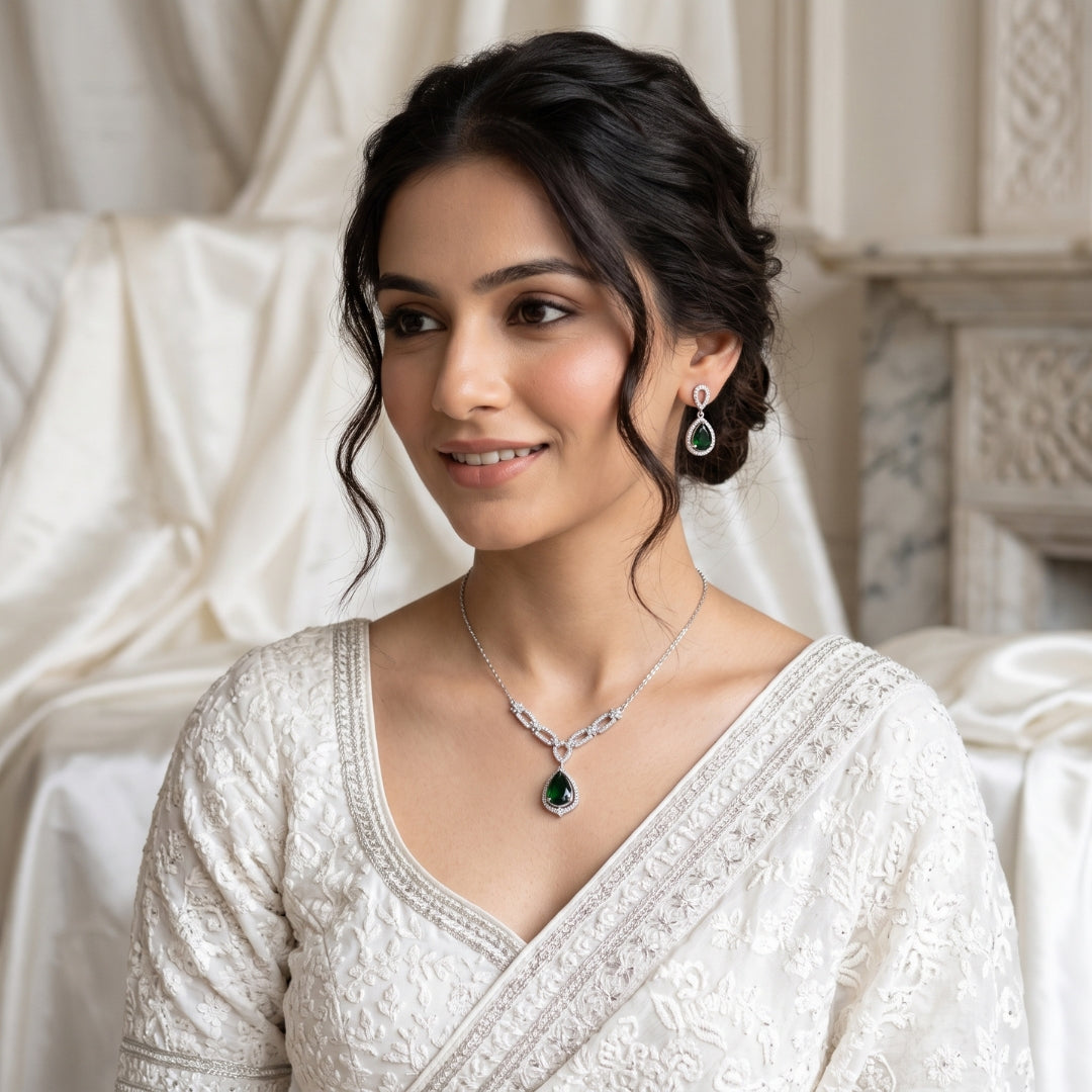 Emerald Grace Teardrop Necklace Set 925 Sterling Silver - Ratna Aabha Colection