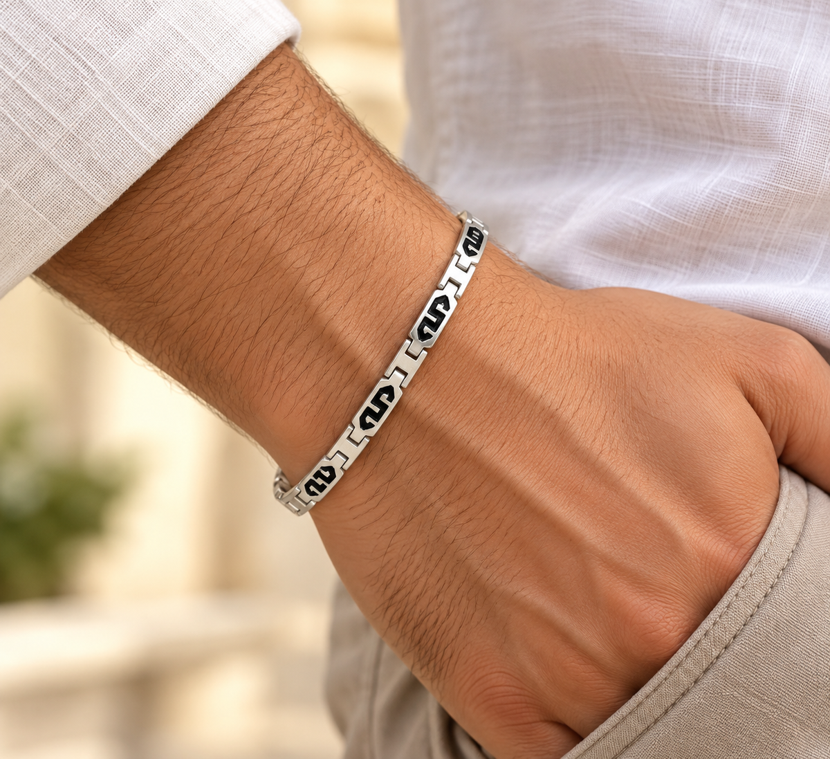 Greek Key 925 Silver Geometric Link Bracelet for Men
