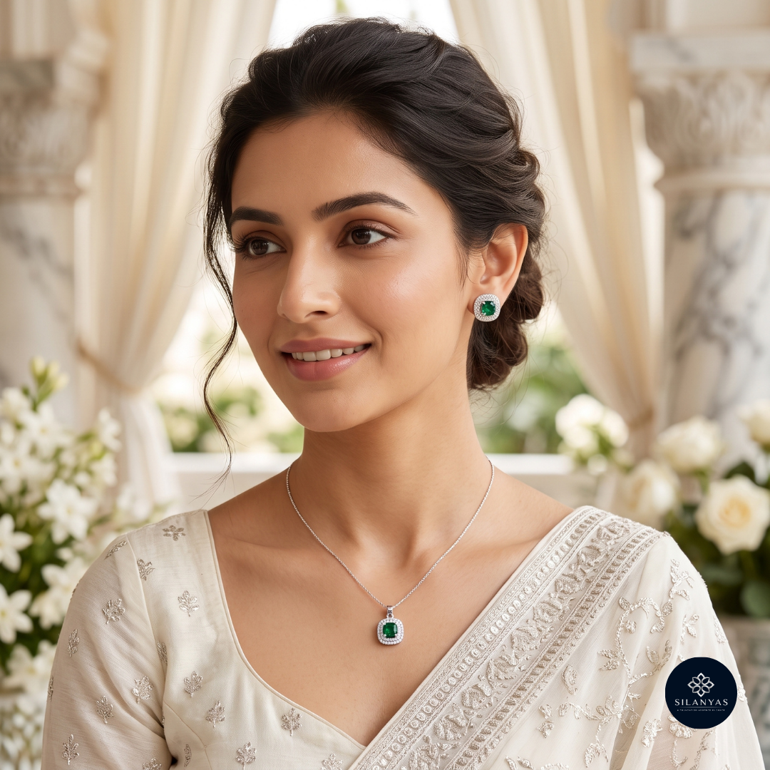 Emerald Aabha 925 Silver Green Stone Pendant Set - Aabha Collection
