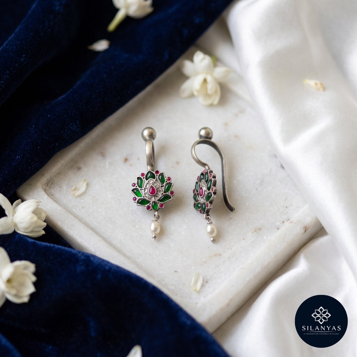 Emerald & Ruby Kundan 925 Sterling Silver Non-Piercing Bugadi Earrings- Heritage Kundan Bugadi Collection