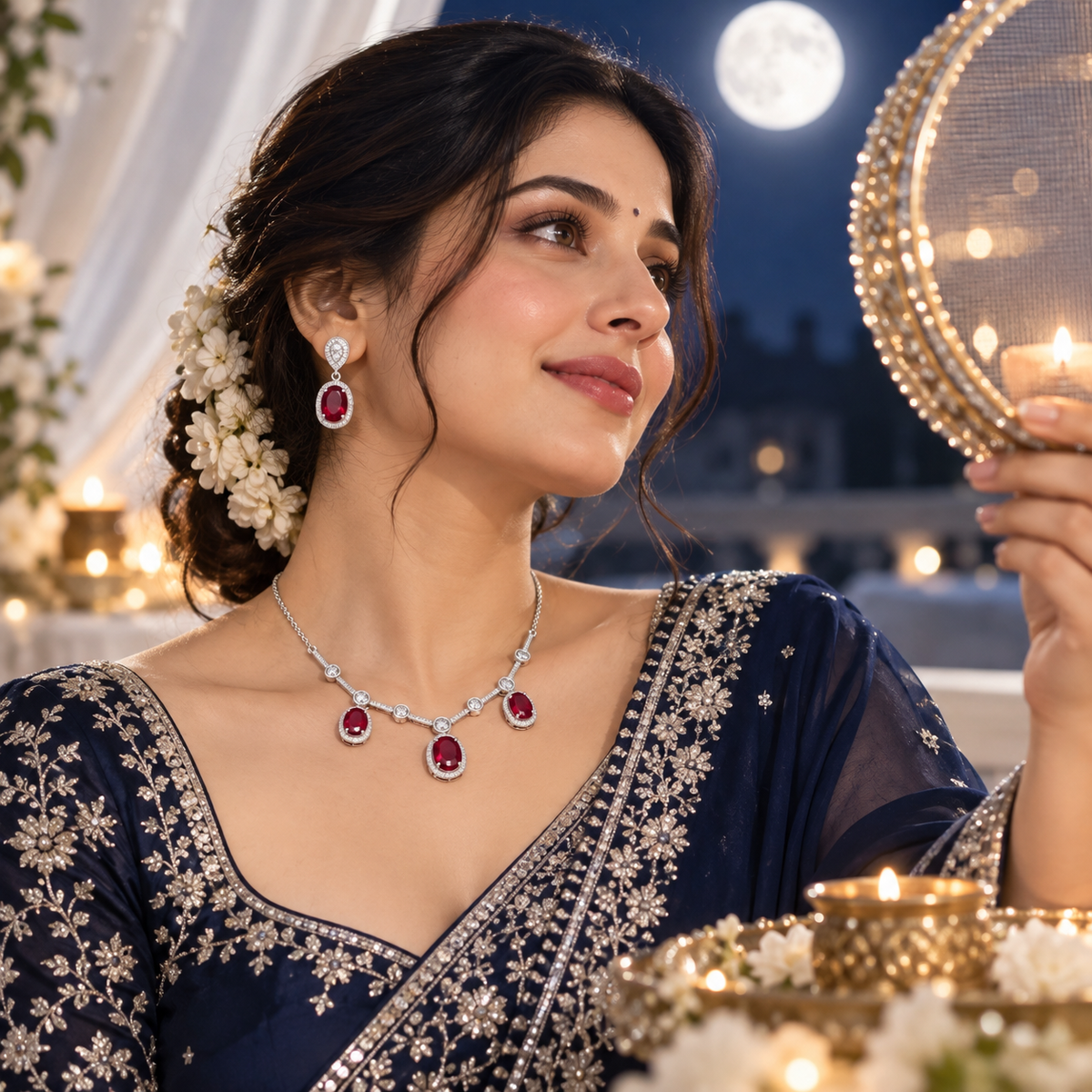 Ruby Radiance Halo Necklace Set 925 Sterling Silver - Ratna Aabha Colection
