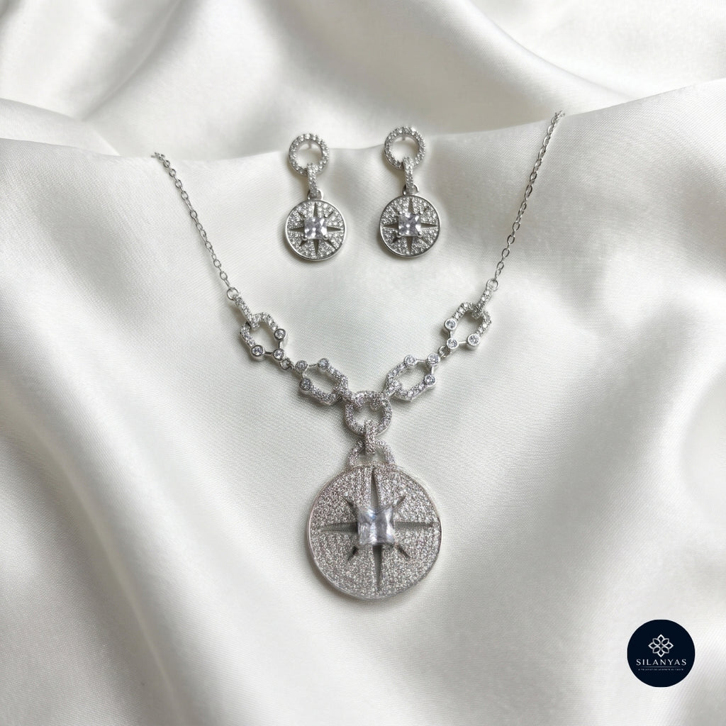 Celestial Compass CZ Necklace Set 925 Sterling Silver - Ratna Aabha Colection