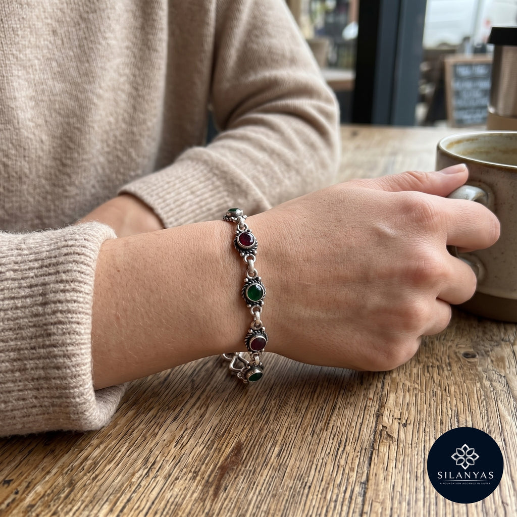 Cutstone 925 Silver Oxidised Multicolour Round Gemstone Bracelet - Cutstone Collection