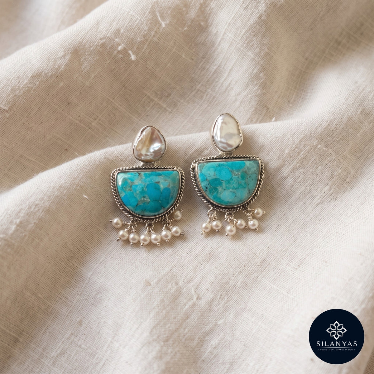 Turquoise & Pearl 925 Sterling Silver Tribal Drop Earrings -  Tribal Collection