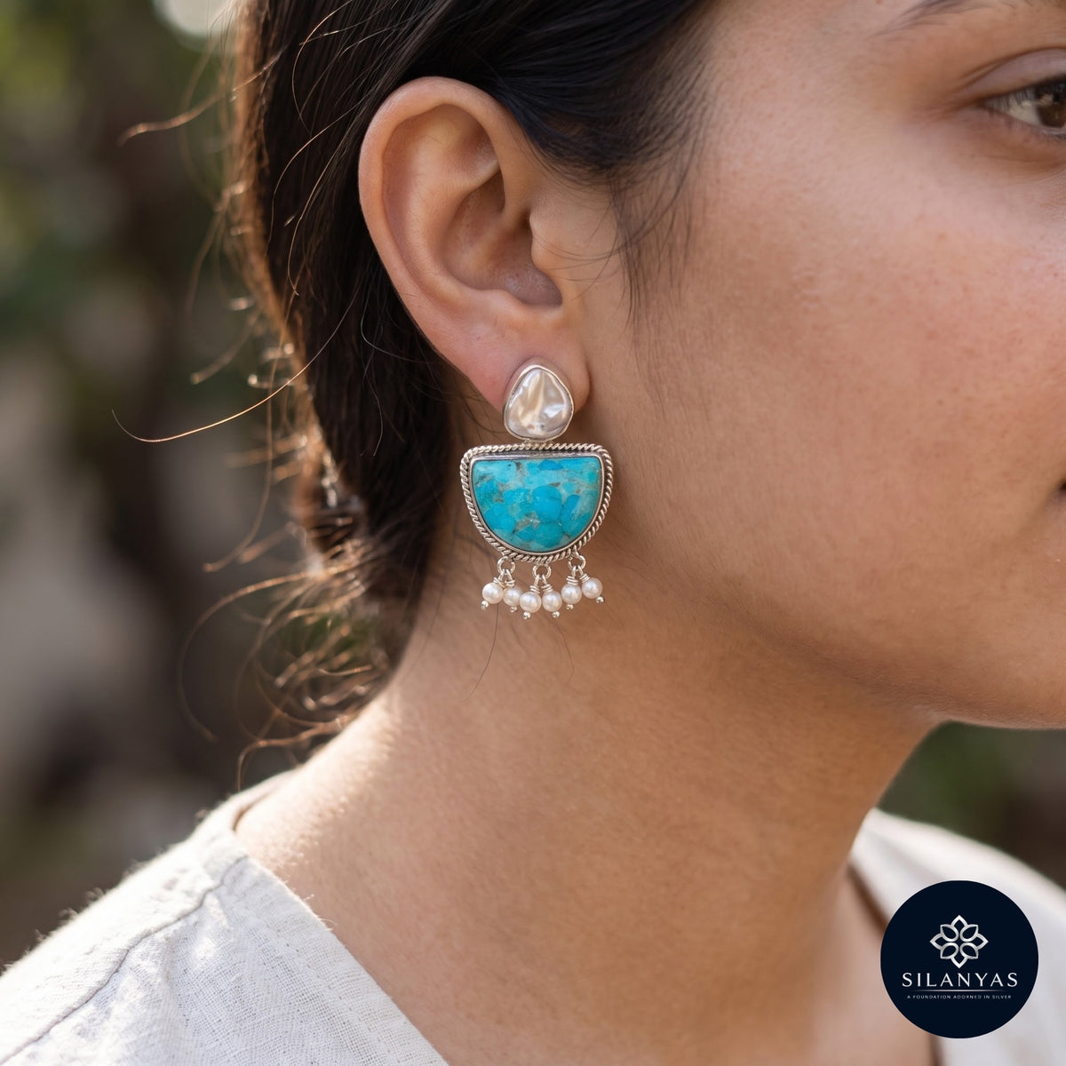 Turquoise & Pearl 925 Sterling Silver Tribal Drop Earrings -  Tribal Collection