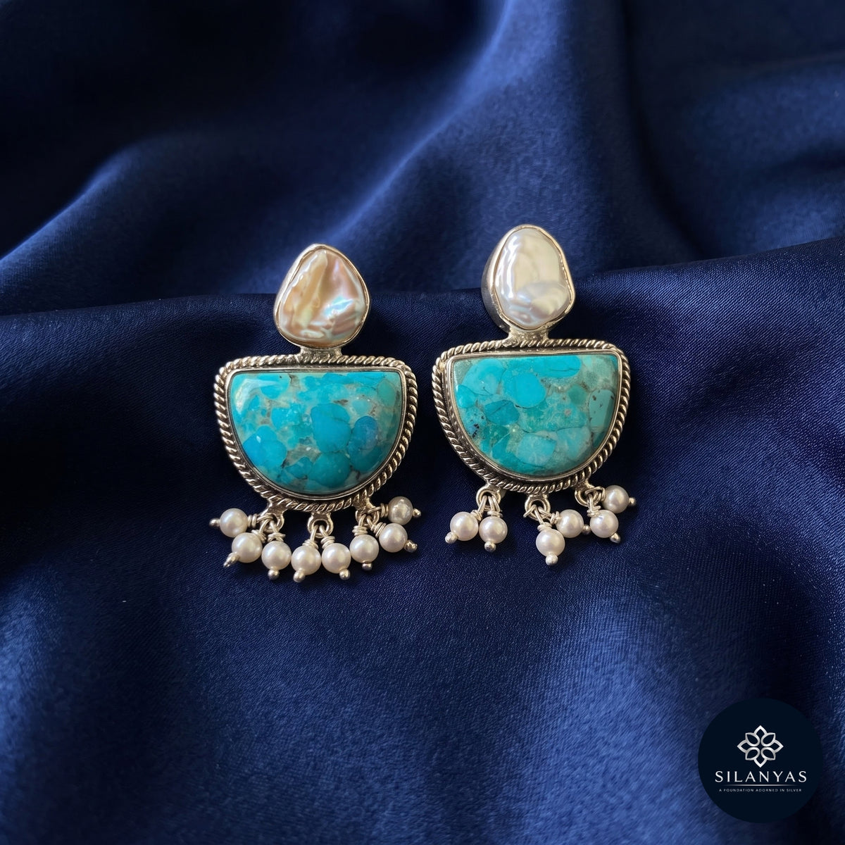 Turquoise & Pearl 925 Sterling Silver Tribal Drop Earrings -  Tribal Collection