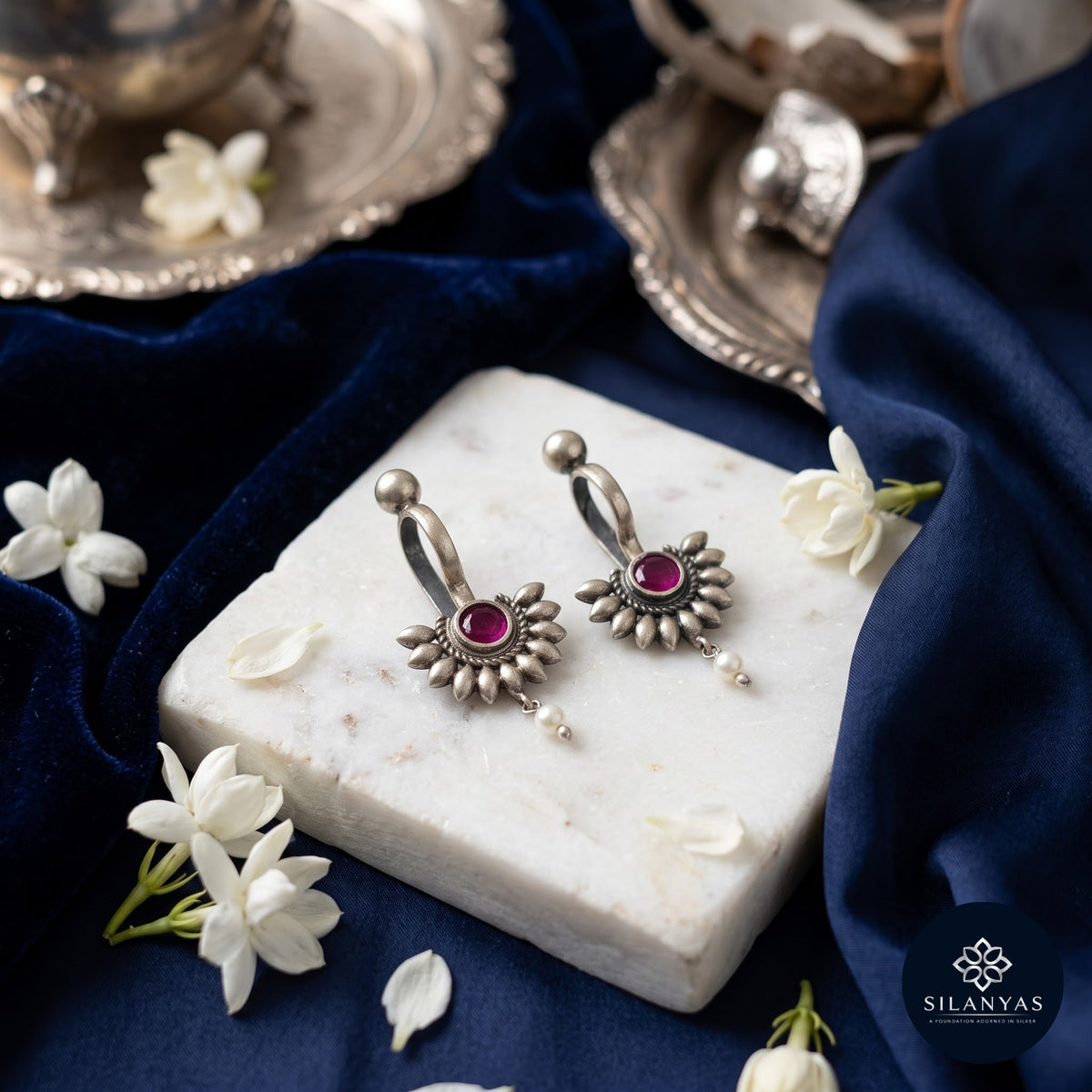 Ruby Bloom Kundan 925 Sterling Silver Non-Piercing Bugadi Earrings - Heritage Kundan Bugadi Collection