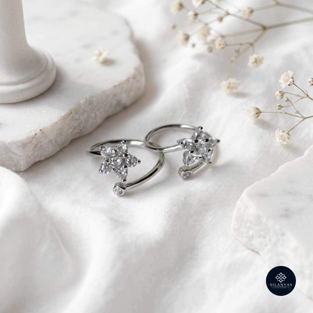 Floral Sparkle 925 Silver Rhodium-Plated CZ Toe Rings - Celestial Bloom Collection