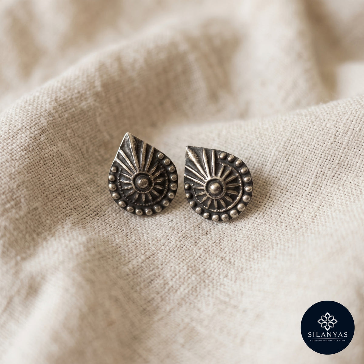Surya Halo 925 Sterling Silver Tribal Stud Earrings - Tribal Collection