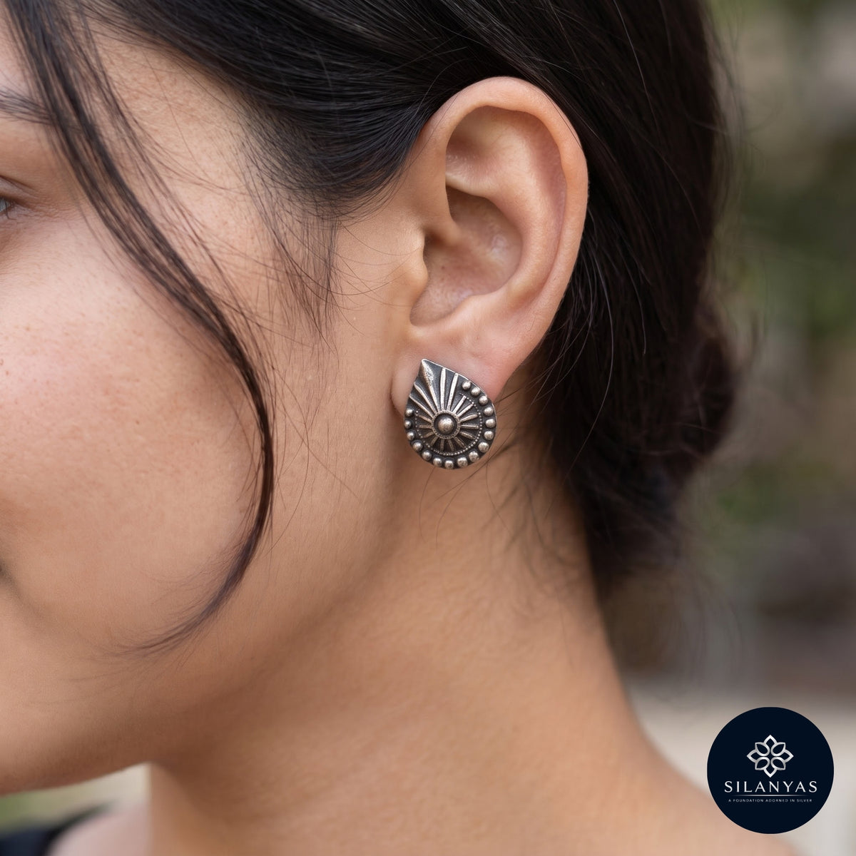 Surya Halo 925 Sterling Silver Tribal Stud Earrings - Tribal Collection