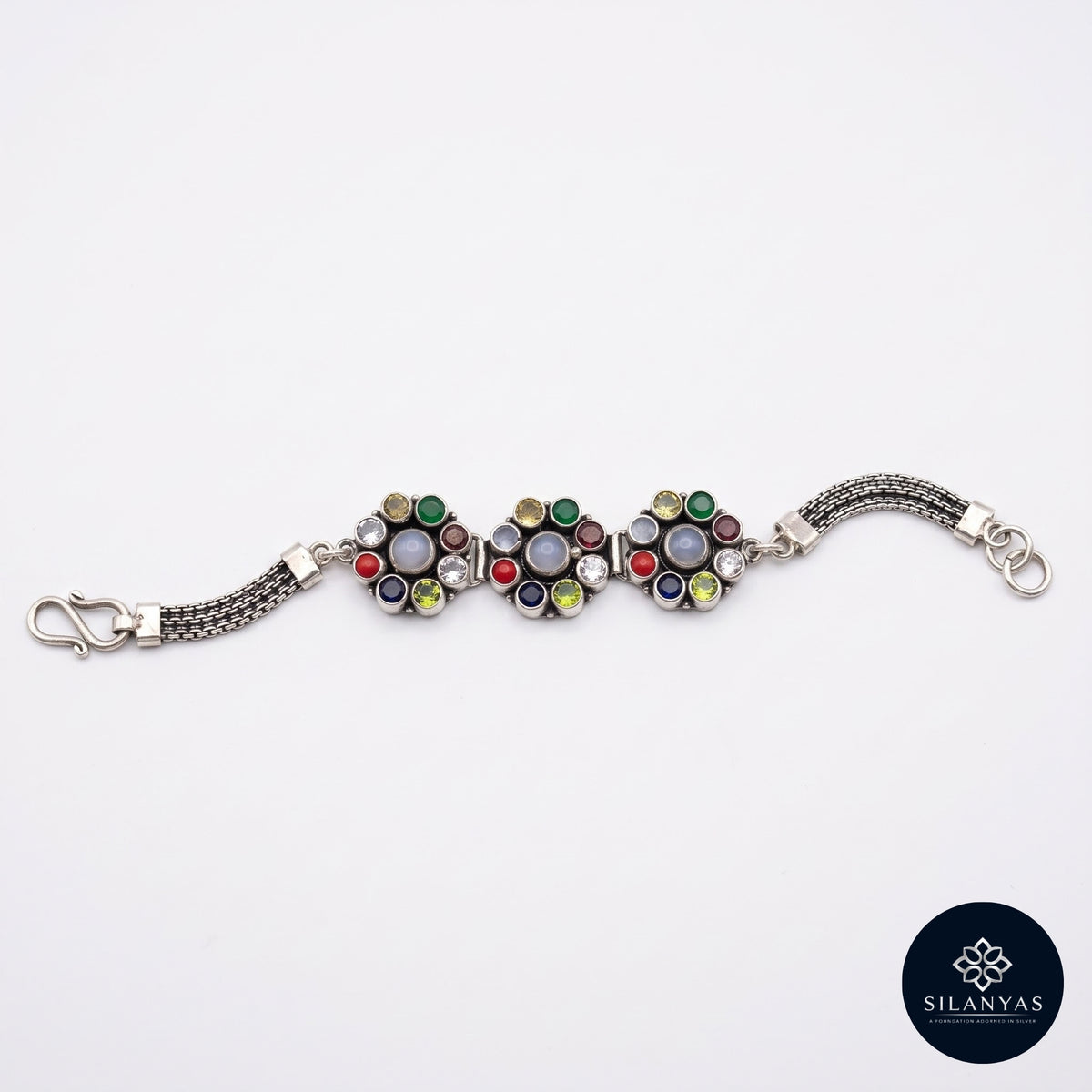 Navratna 925 Silver Navratna Gemstone Oxidised Bracelet - Navratna Collection