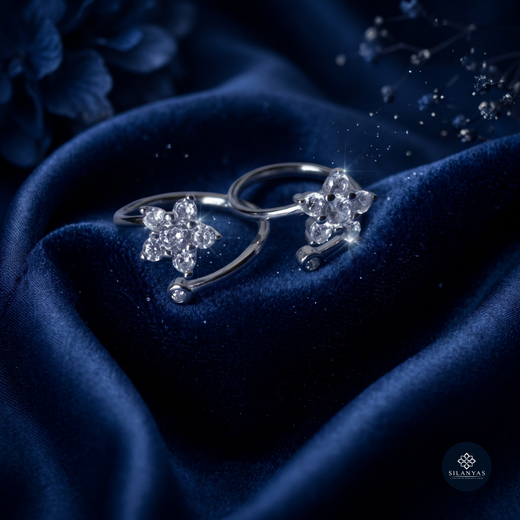 Floral Sparkle 925 Silver Rhodium-Plated CZ Toe Rings - Celestial Bloom Collection