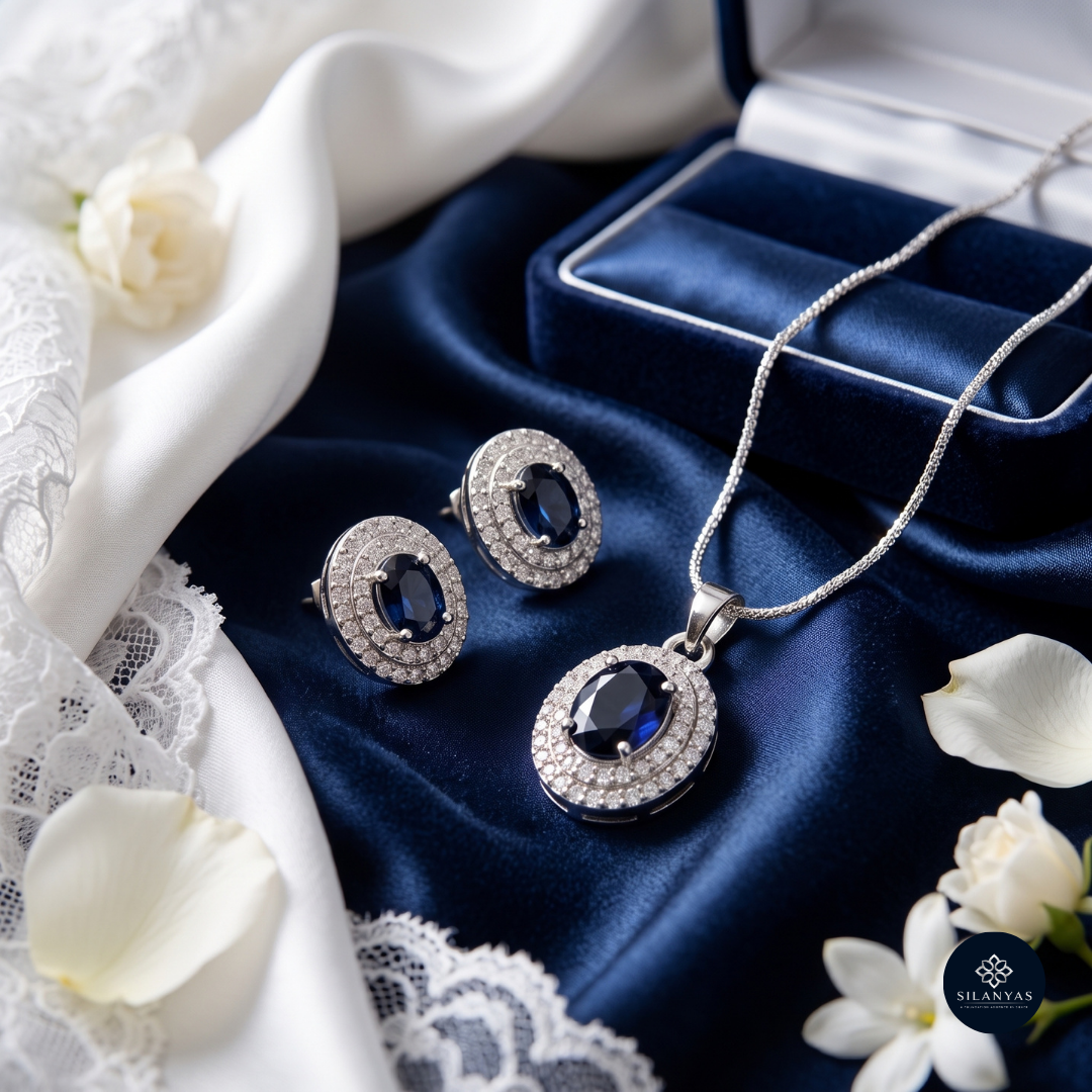 Neel Aabha 925 Silver Sapphire-Coloured Pendant Set - Aabha Collection