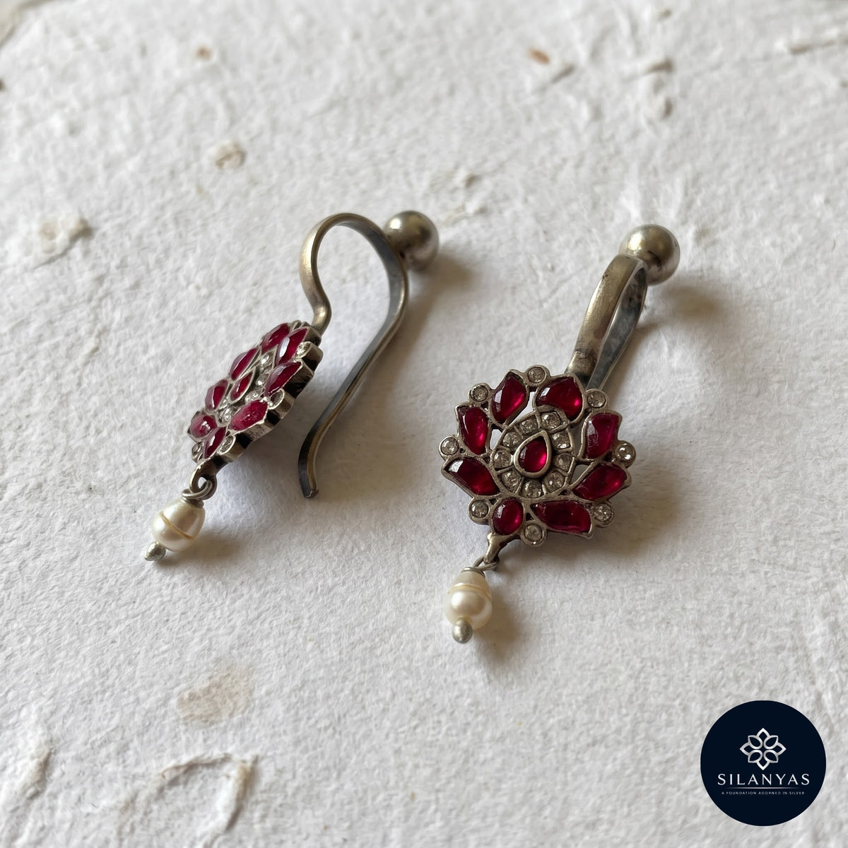 Ruby Colored Kundan Bugadi 925 Sterling Silver Non-Piercing Earrings - Heritage Kundan Bugadi Collection