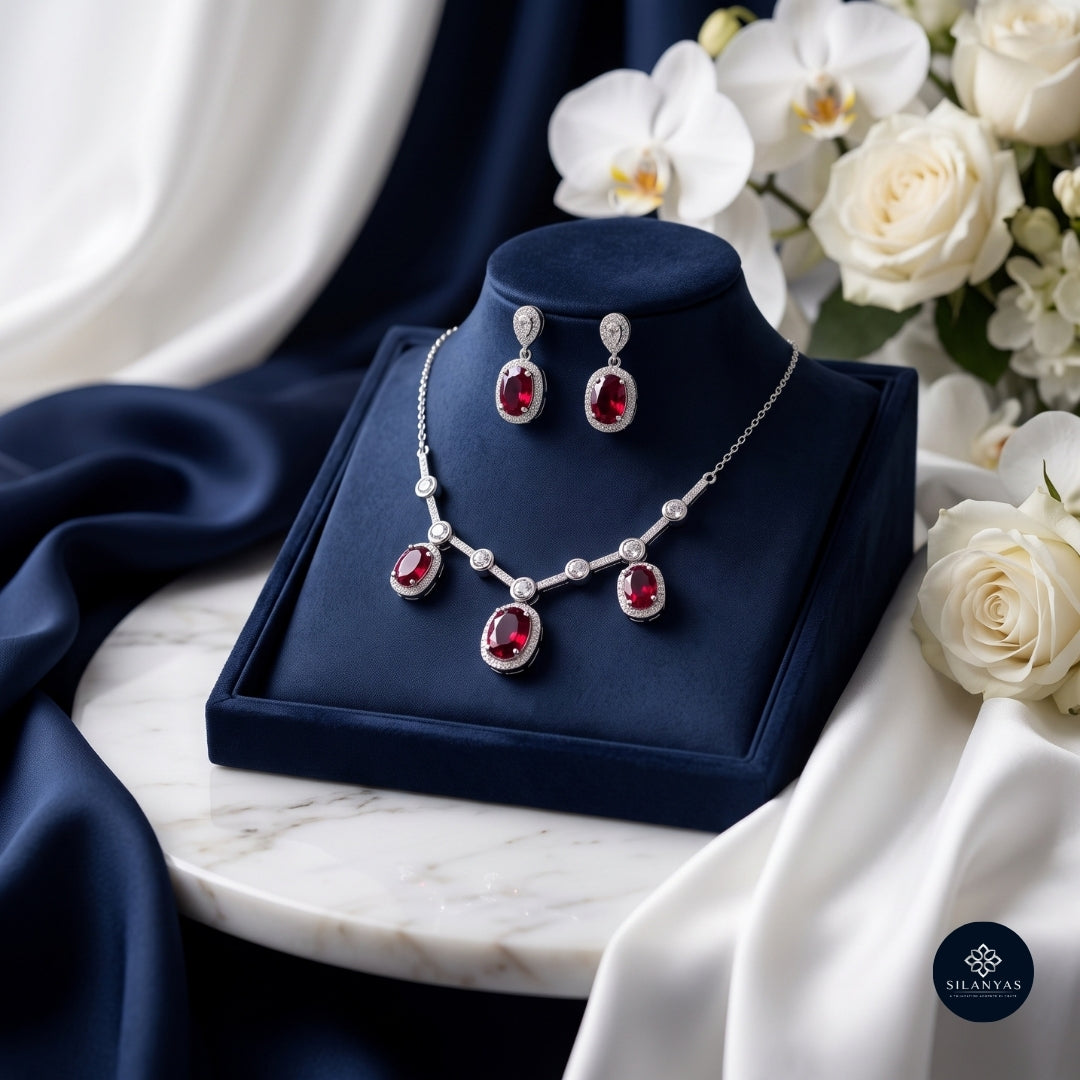 Ruby Radiance Halo Necklace Set 925 Sterling Silver - Ratna Aabha Colection
