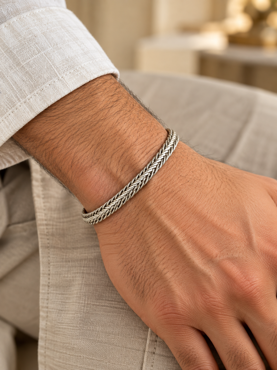 Royal Weave 925 Silver Braided Wheat Chain Bracelet for Men
