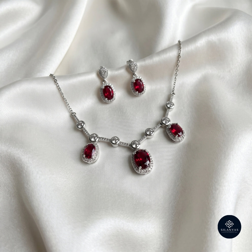 Ruby Radiance Halo Necklace Set 925 Sterling Silver - Ratna Aabha Colection