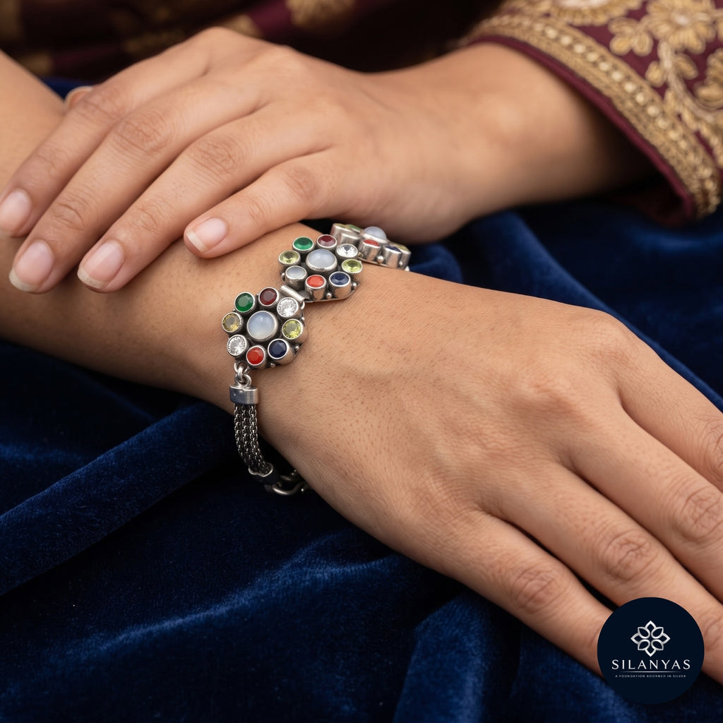 Navratna 925 Silver Navratna Gemstone Oxidised Bracelet - Navratna Collection