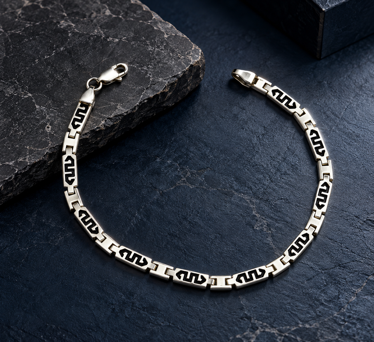 Greek Key 925 Silver Geometric Link Bracelet for Men