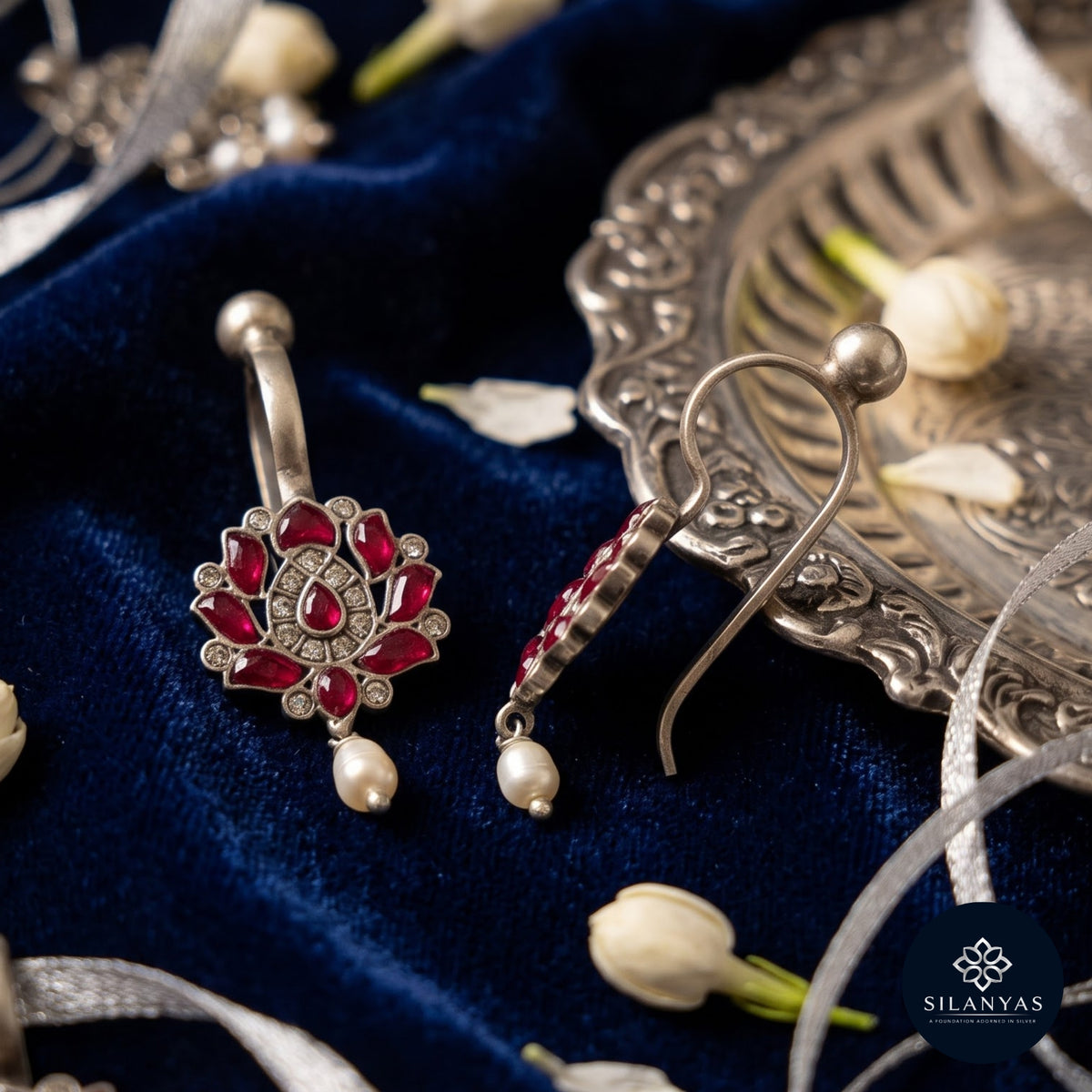 Ruby Colored Kundan Bugadi 925 Sterling Silver Non-Piercing Earrings - Heritage Kundan Bugadi Collection