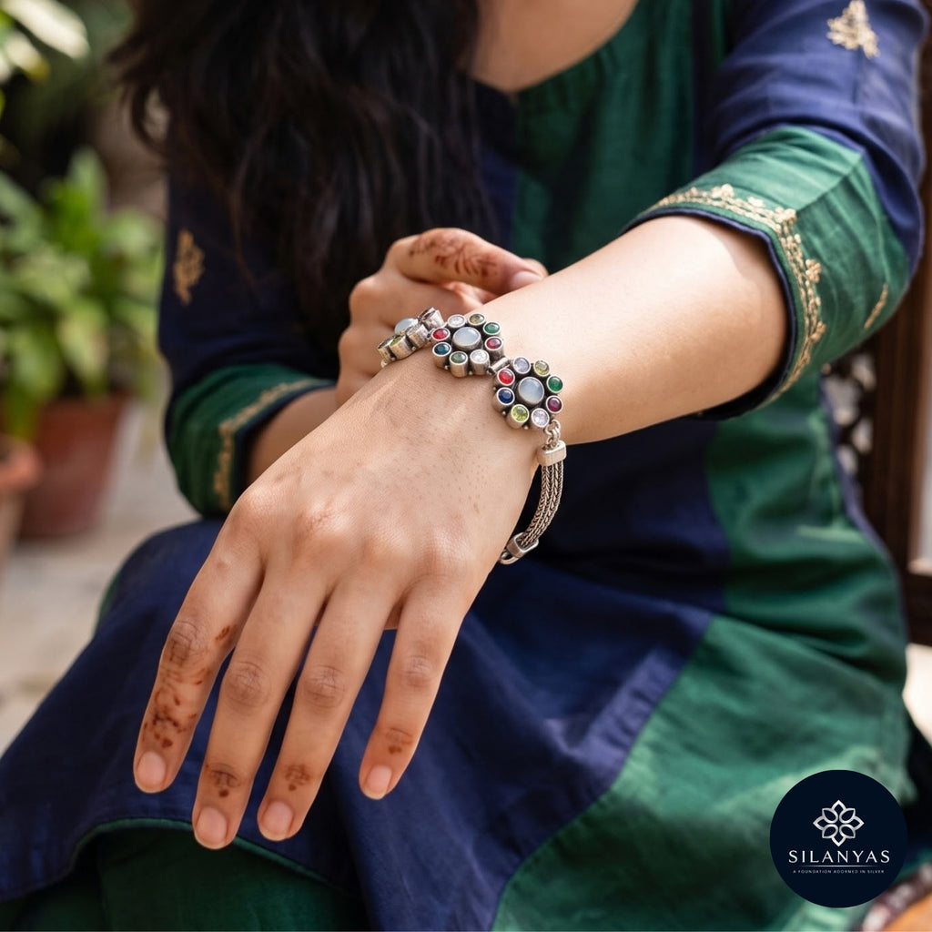 Navratna 925 Silver Navratna Gemstone Oxidised Bracelet - Navratna Collection