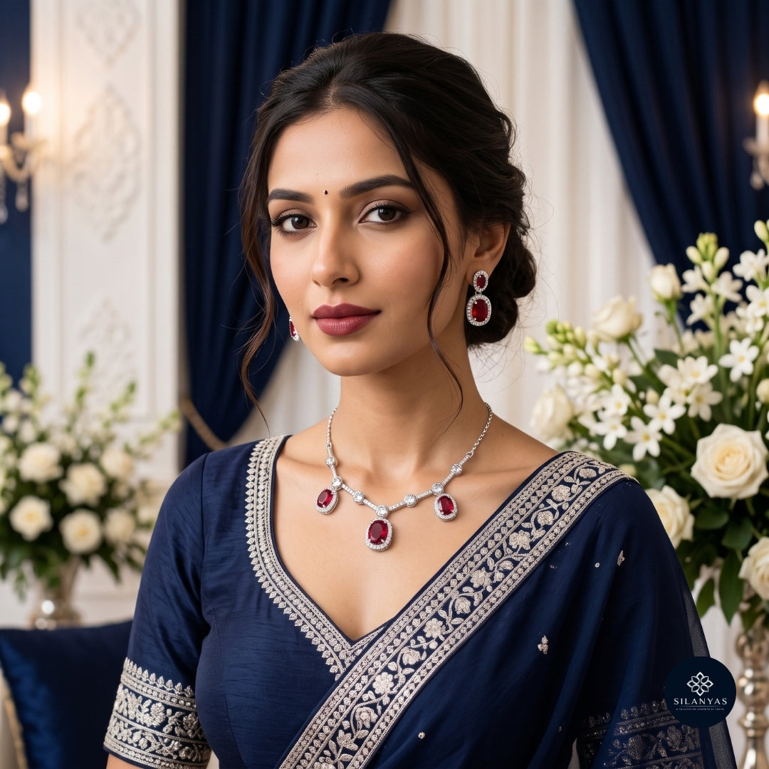 Ruby Radiance Halo Necklace Set 925 Sterling Silver - Ratna Aabha Colection