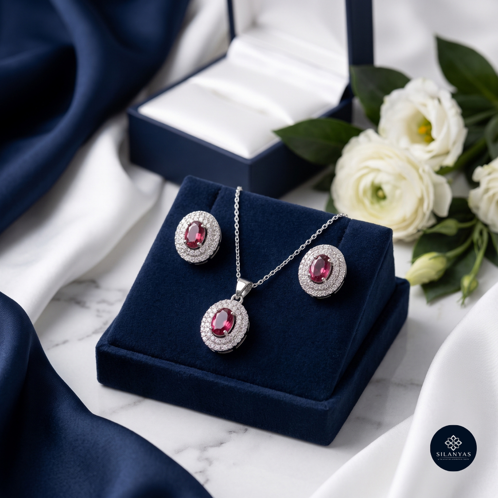 Ruby Aabha 925 Silver Red Stone Pendant Set - Aabha Collection