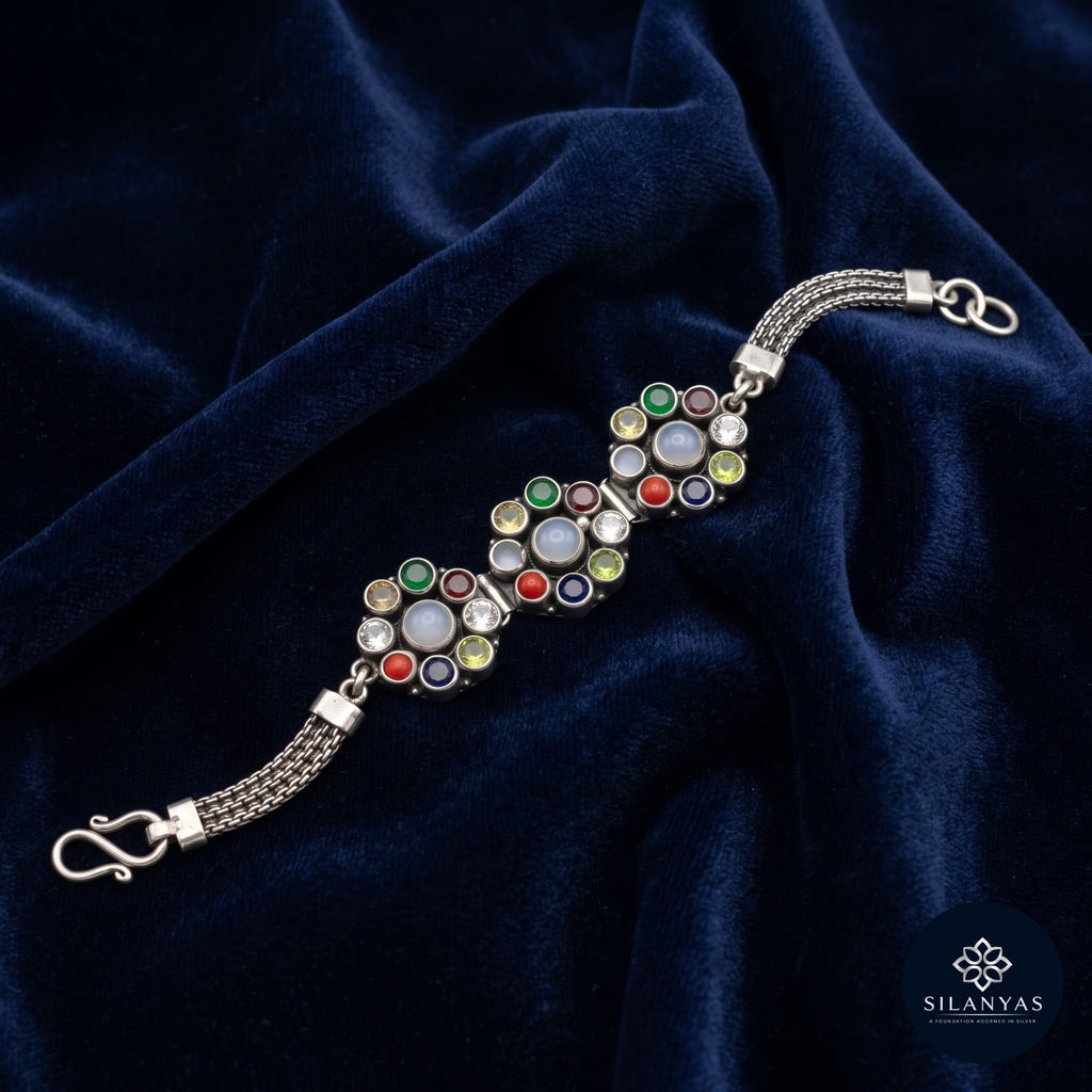 Navratna 925 Silver Navratna Gemstone Oxidised Bracelet - Navratna Collection