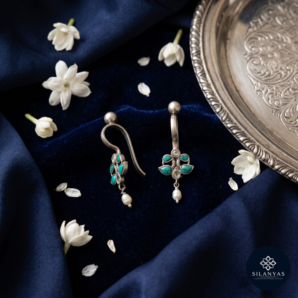 Turquoise Bloom Kundan 925 Sterling Silver Non-Piercing Bugadi Earrings - Heritage Kundan Bugadi Collection