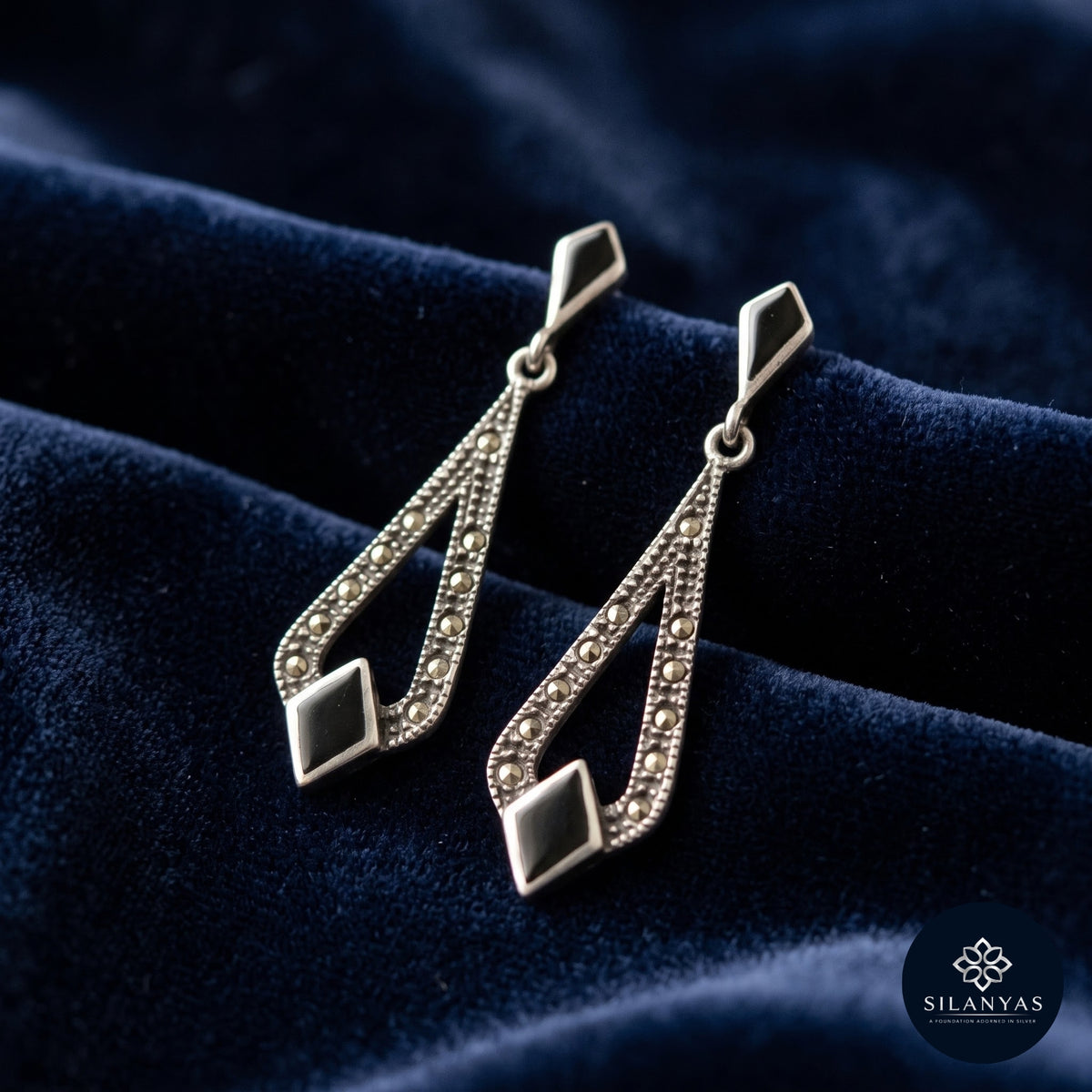 Black Onyx & Marcasite 925 Sterling Silver Drop Earrings – Classic Vintage Collection