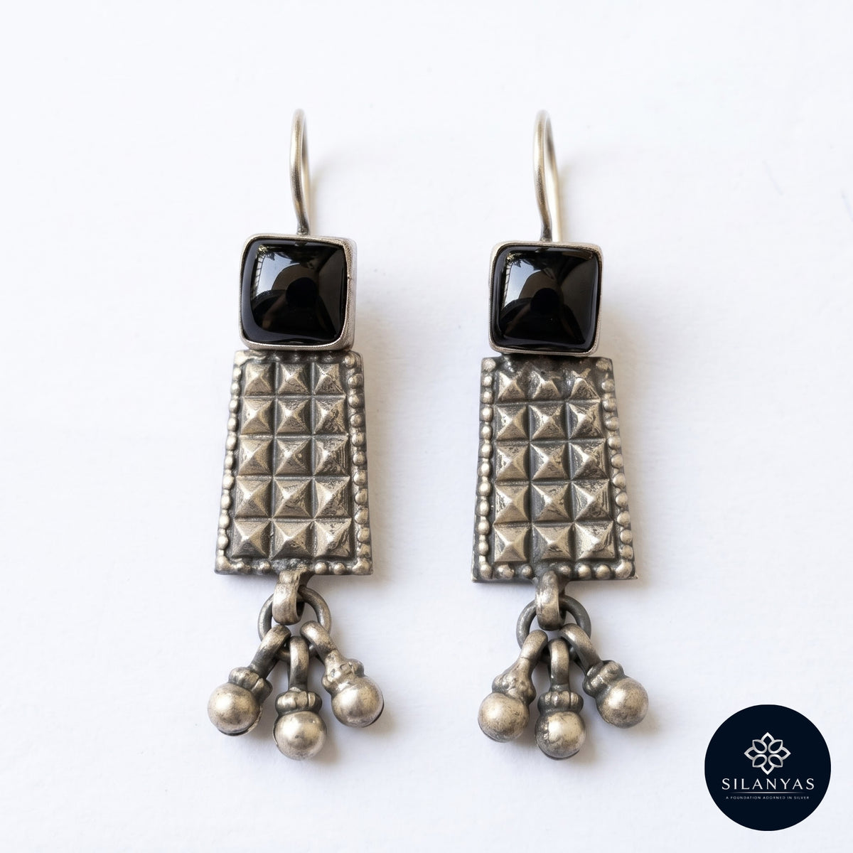 Black Onyx Geometric 925 Sterling Silver Tribal Drop Earrings -  Tribal Collection