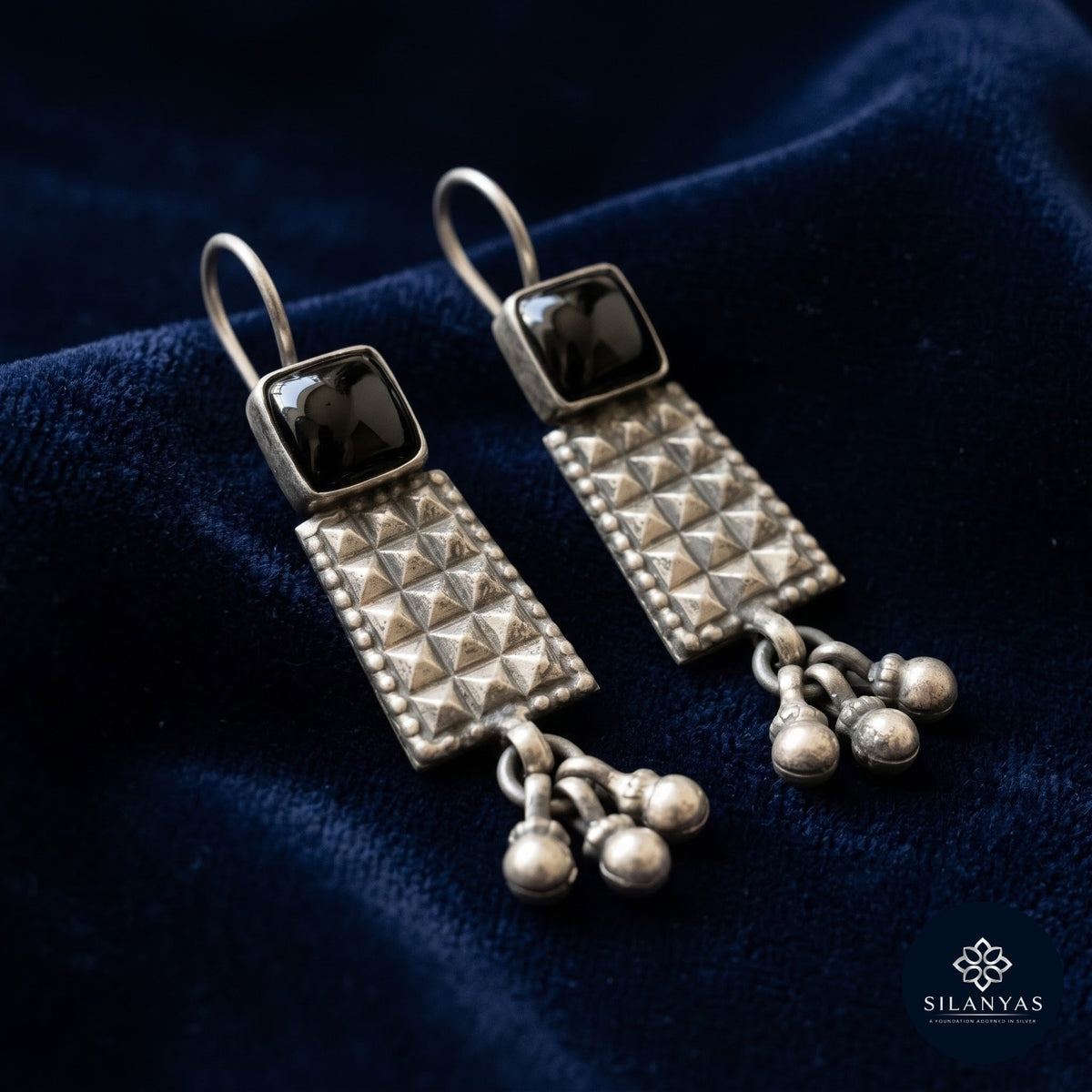 Black Onyx Geometric 925 Sterling Silver Tribal Drop Earrings -  Tribal Collection