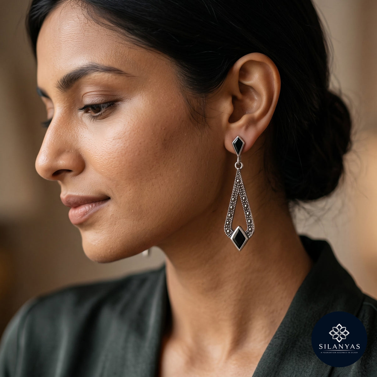 Black Onyx & Marcasite 925 Sterling Silver Drop Earrings – Classic Vintage Collection