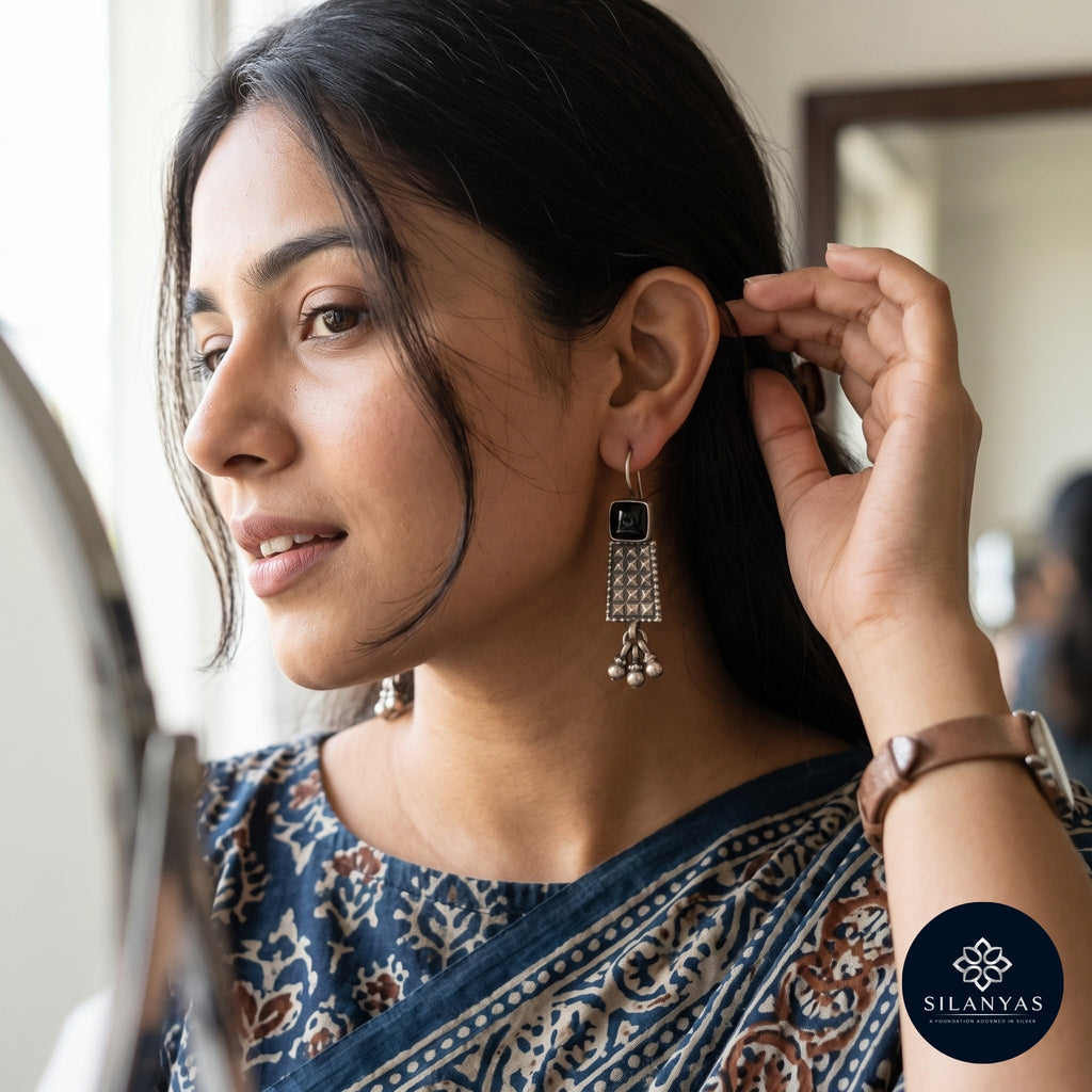 Black Onyx Geometric 925 Sterling Silver Tribal Drop Earrings -  Tribal Collection