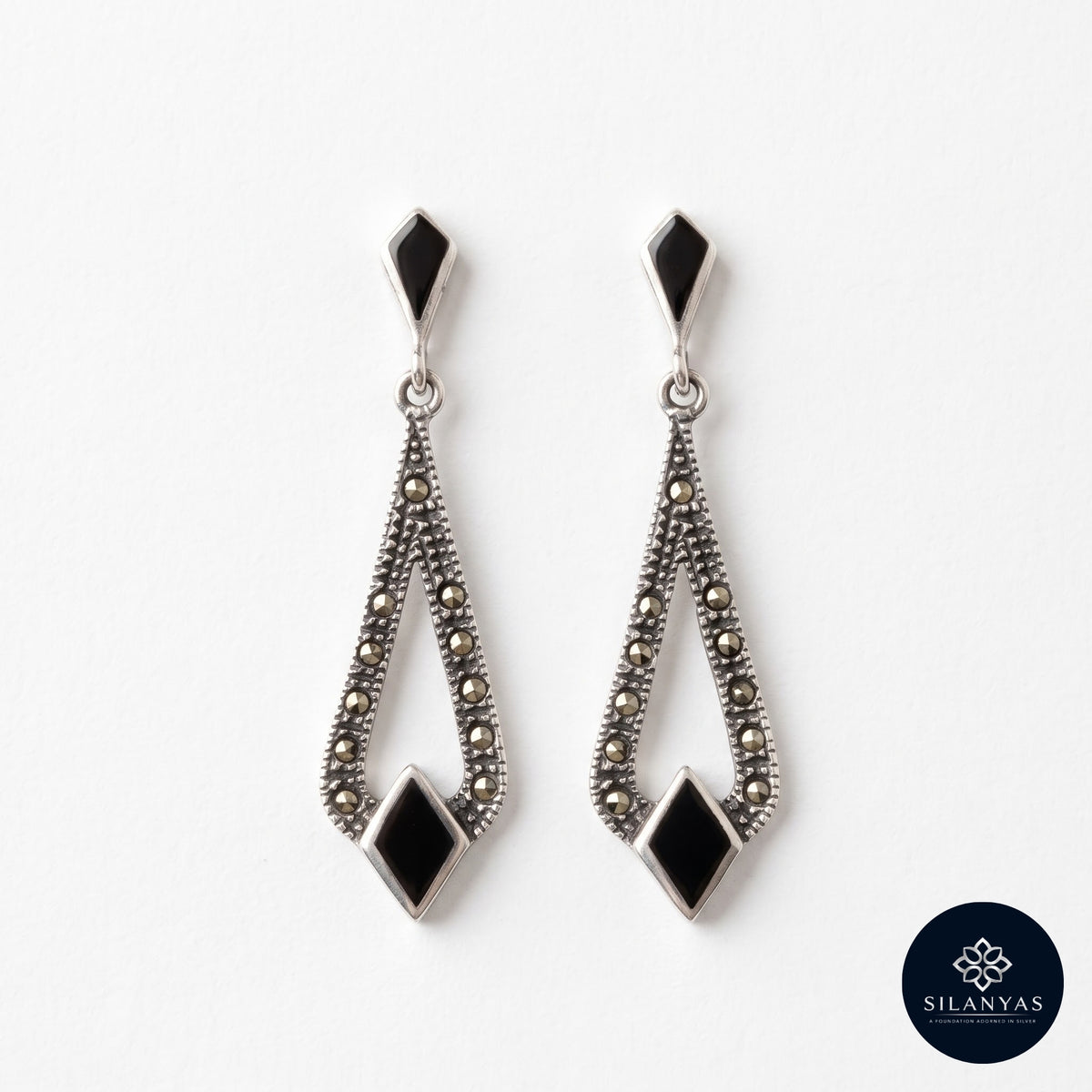 Black Onyx & Marcasite 925 Sterling Silver Drop Earrings – Classic Vintage Collection