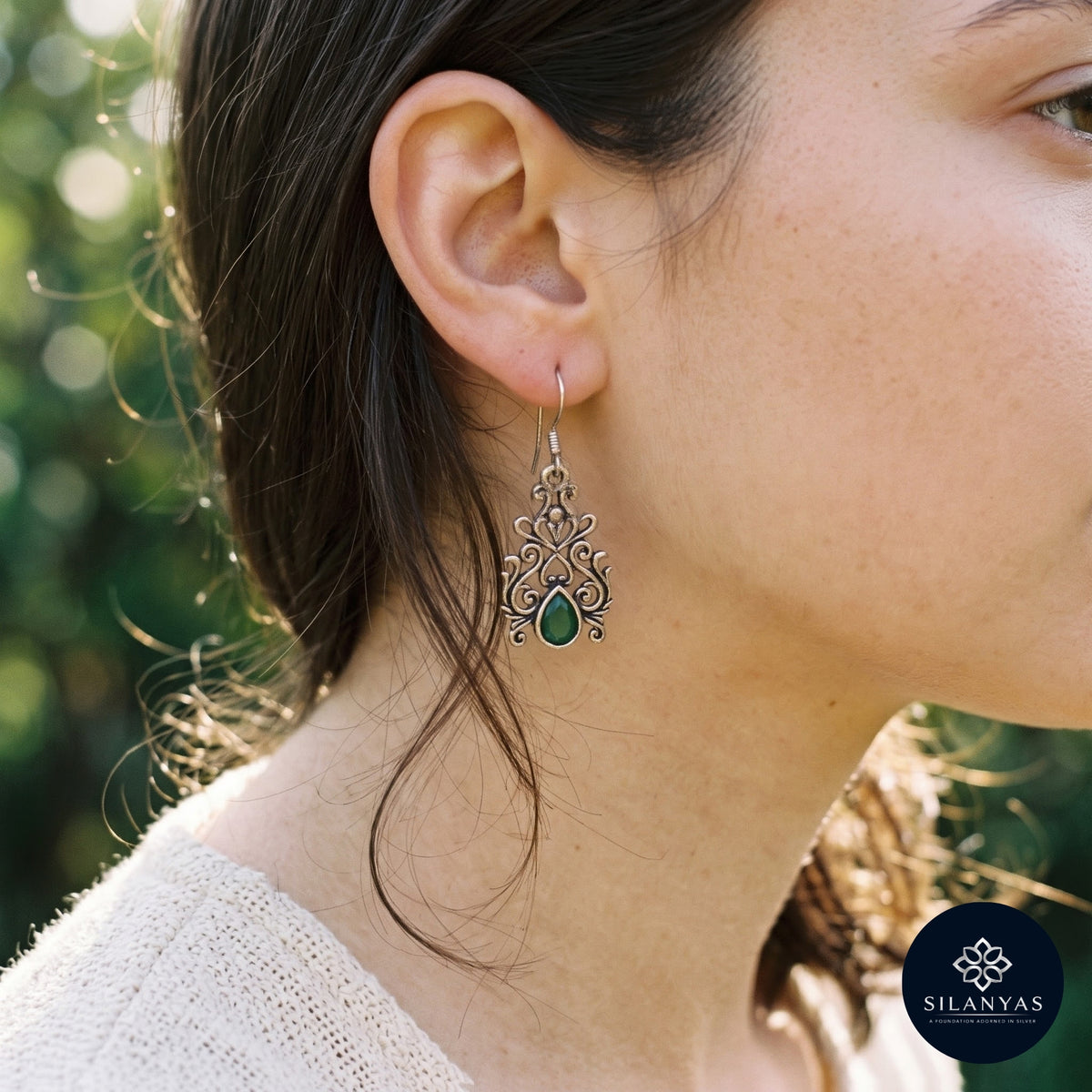 Emerald Filigree 925 Sterling Silver Tribal Drop Earrings -  Tribal Collection