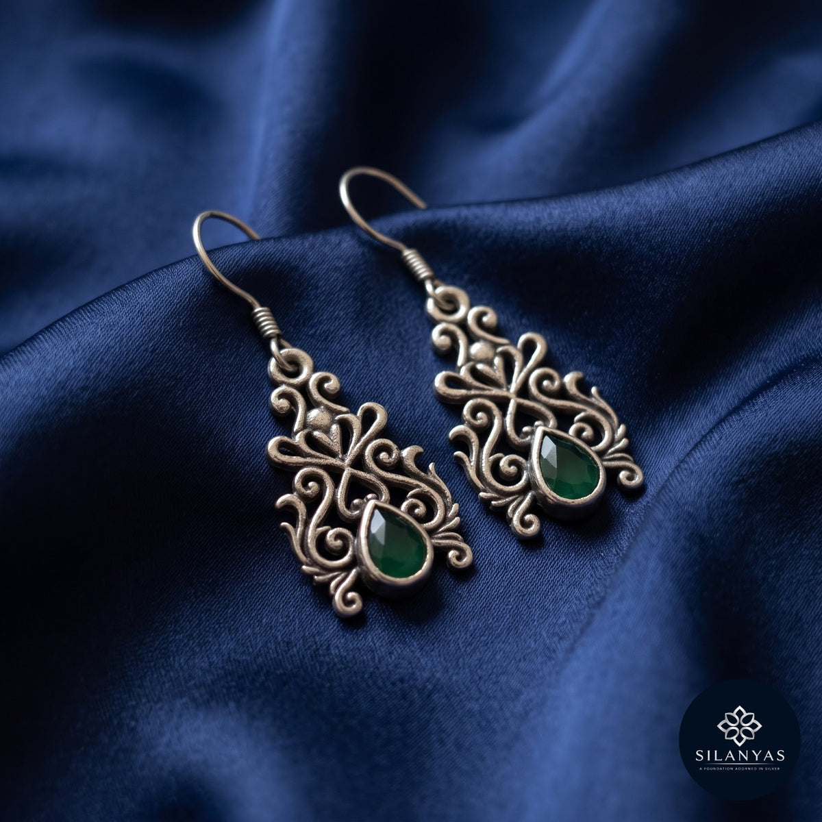 Emerald Filigree 925 Sterling Silver Tribal Drop Earrings -  Tribal Collection