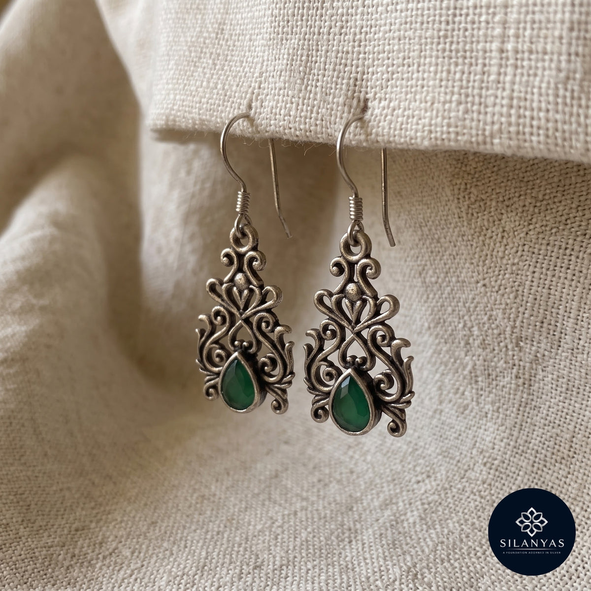 Emerald Filigree 925 Sterling Silver Tribal Drop Earrings -  Tribal Collection