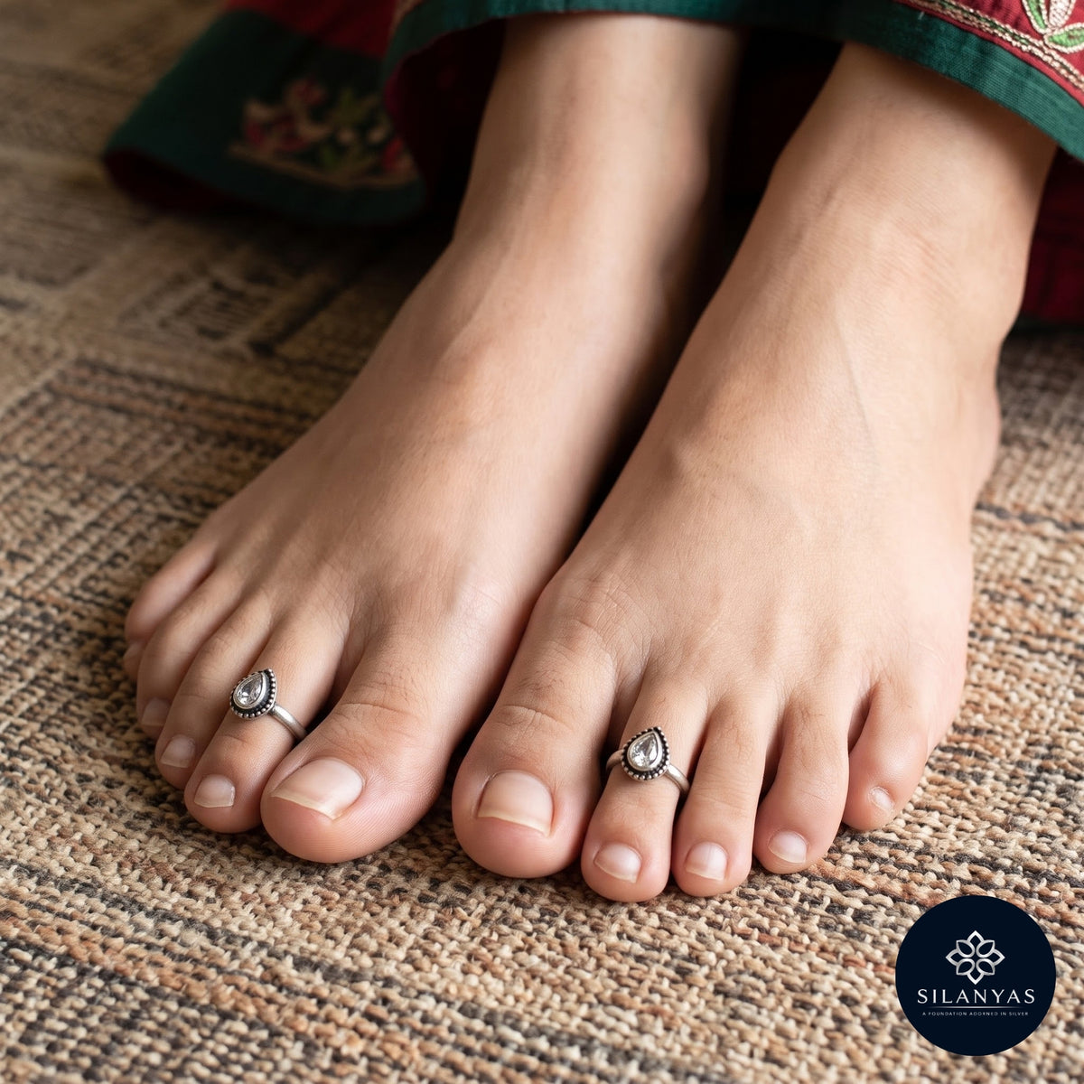 Crystal Teardrop CZ Adjustable Toe Rings in 925 Sterling Silver - Rajsi Collection