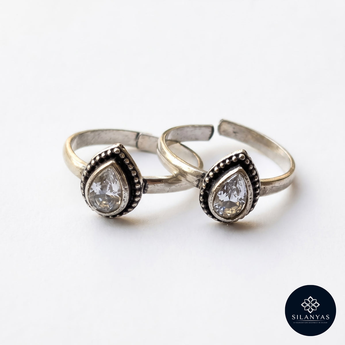 Crystal Teardrop CZ Adjustable Toe Rings in 925 Sterling Silver - Rajsi Collection
