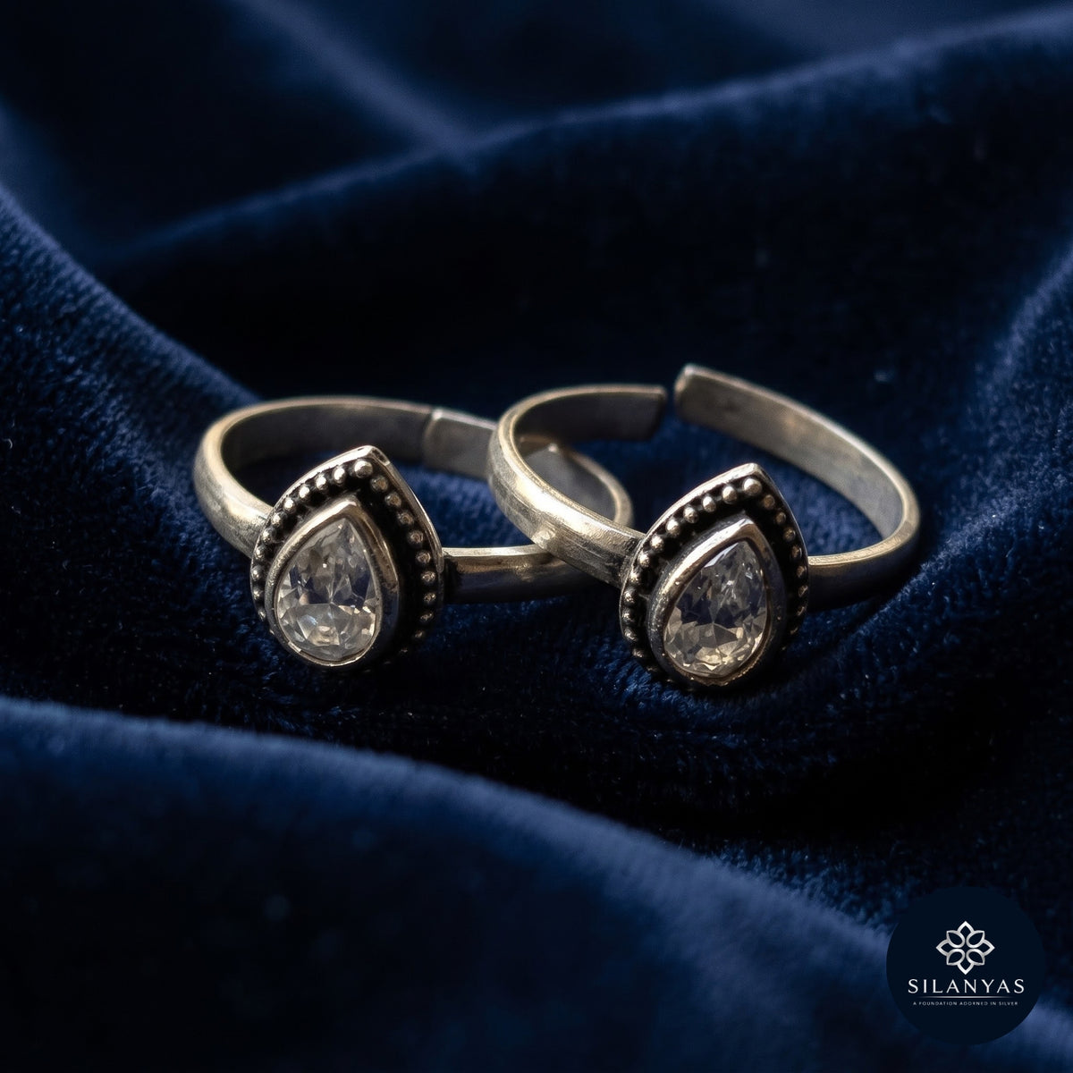 Crystal Teardrop CZ Adjustable Toe Rings in 925 Sterling Silver - Rajsi Collection