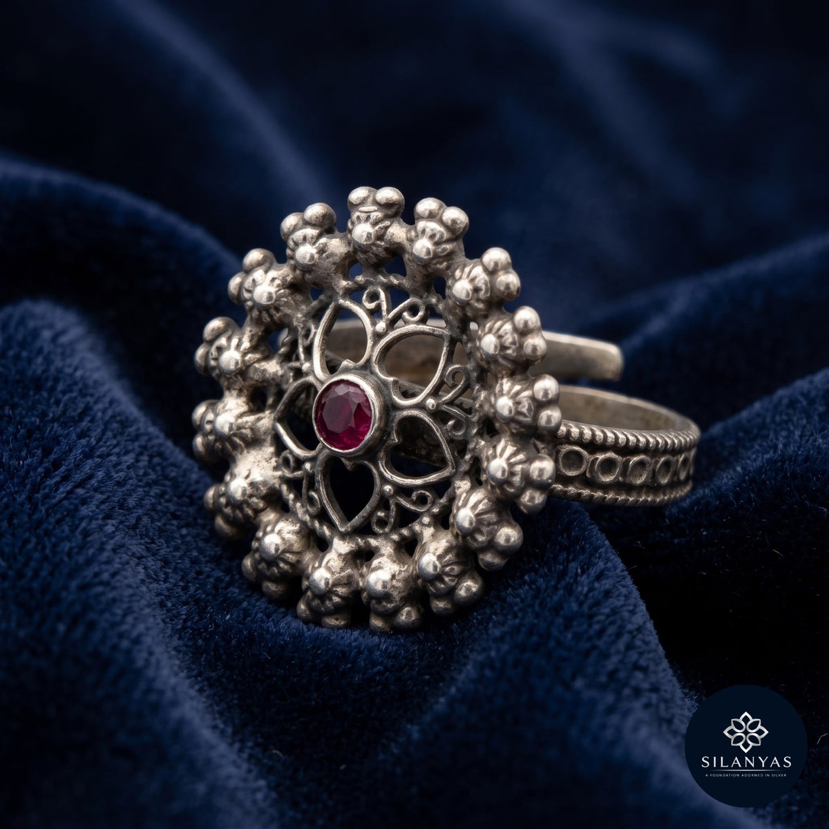 Ruby Bloom 925 Sterling Silver Adjustable Ring - Tribal Collection