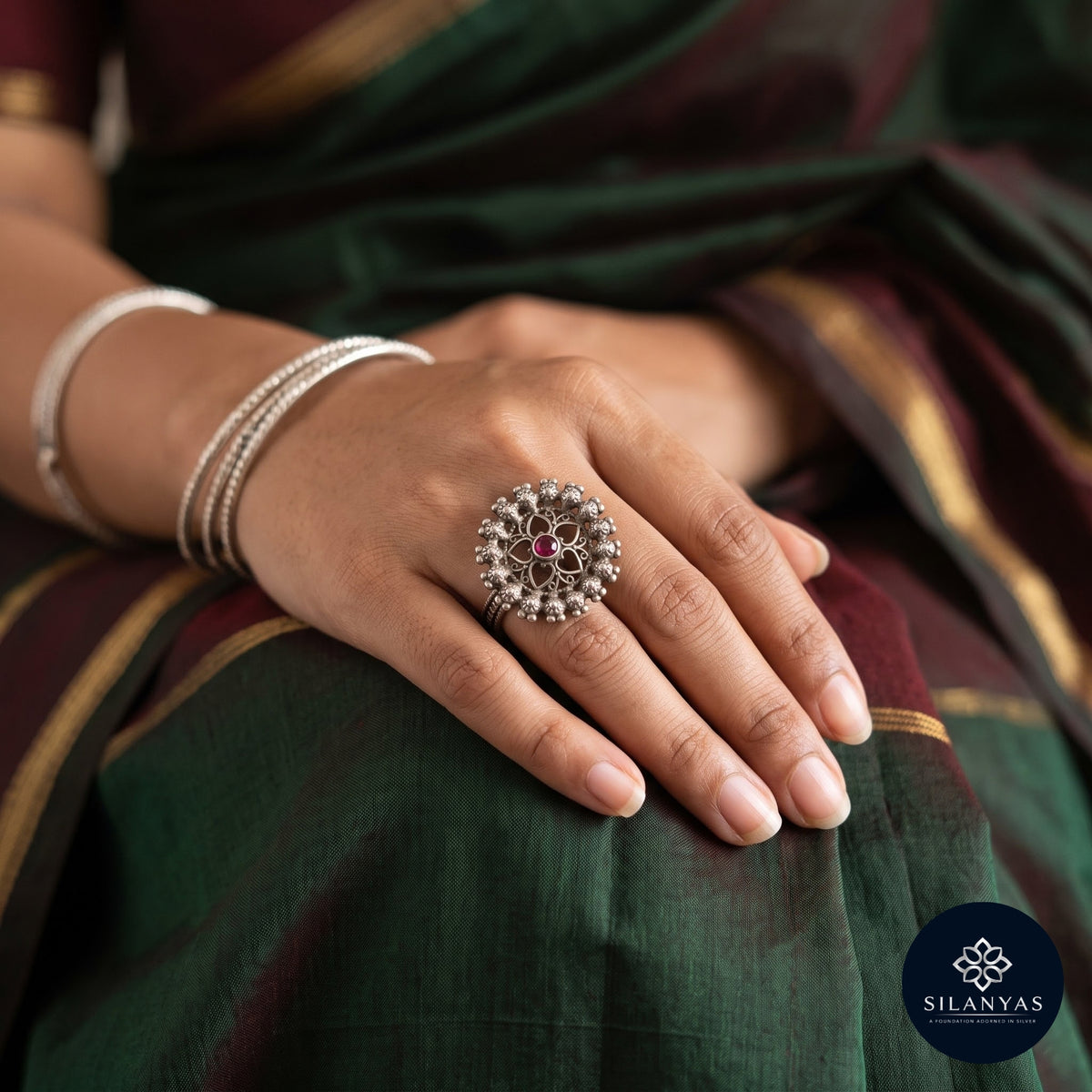 Ruby Bloom 925 Sterling Silver Adjustable Ring - Tribal Collection